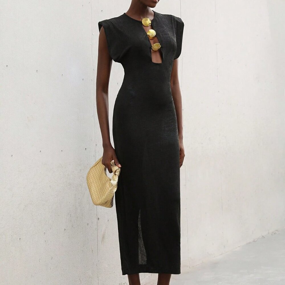 Black Elegant Women's Bodycon Long Dress Puff Sleeves Crew Neck - Picture 6 of 7